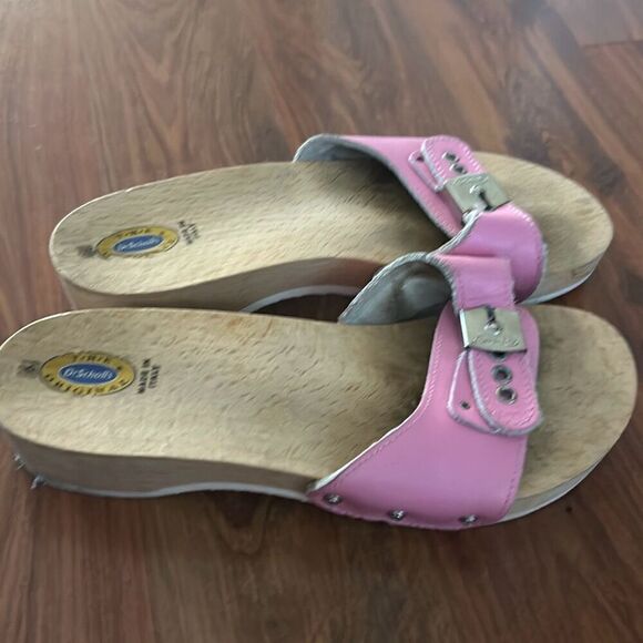 Vintage Dr Scholls pink leather wood made in Italy sandals flip-flops size 6 - Picture 2 of 6